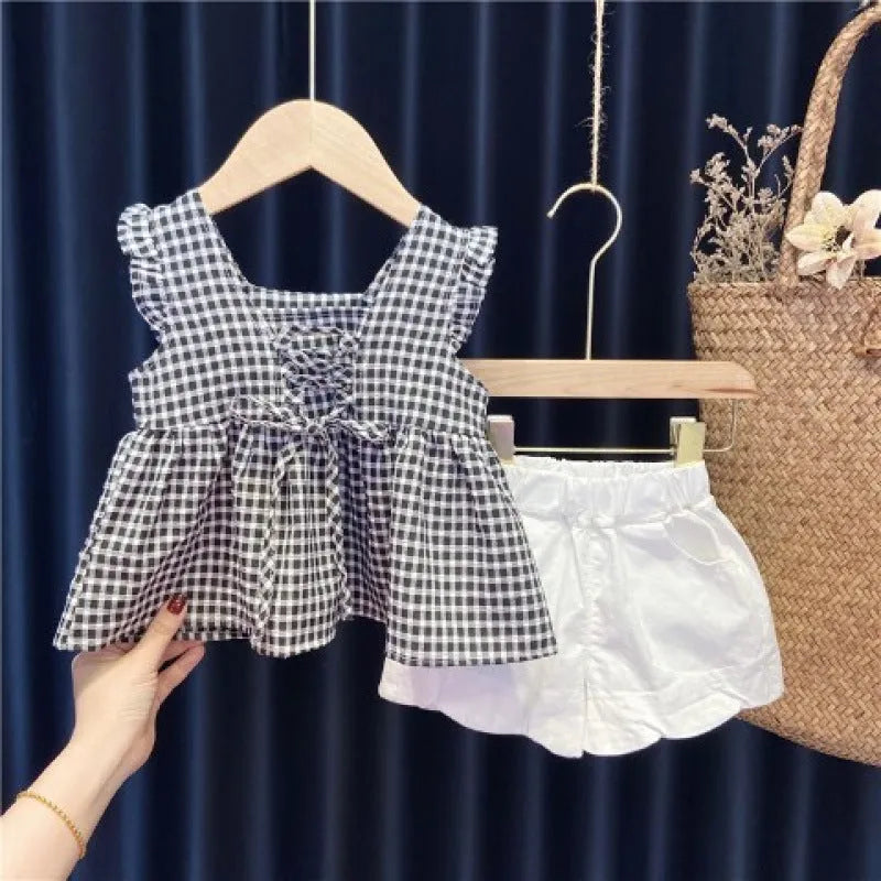Girls summer two-piece set black suit long sleeve top and shorts Korean style polyester blend 80-130cm
