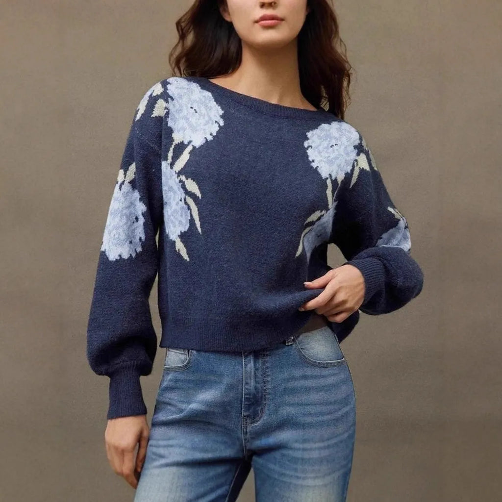 Sapphire blue women's jacquard pullover with flower pattern, off-neck design and loose fit