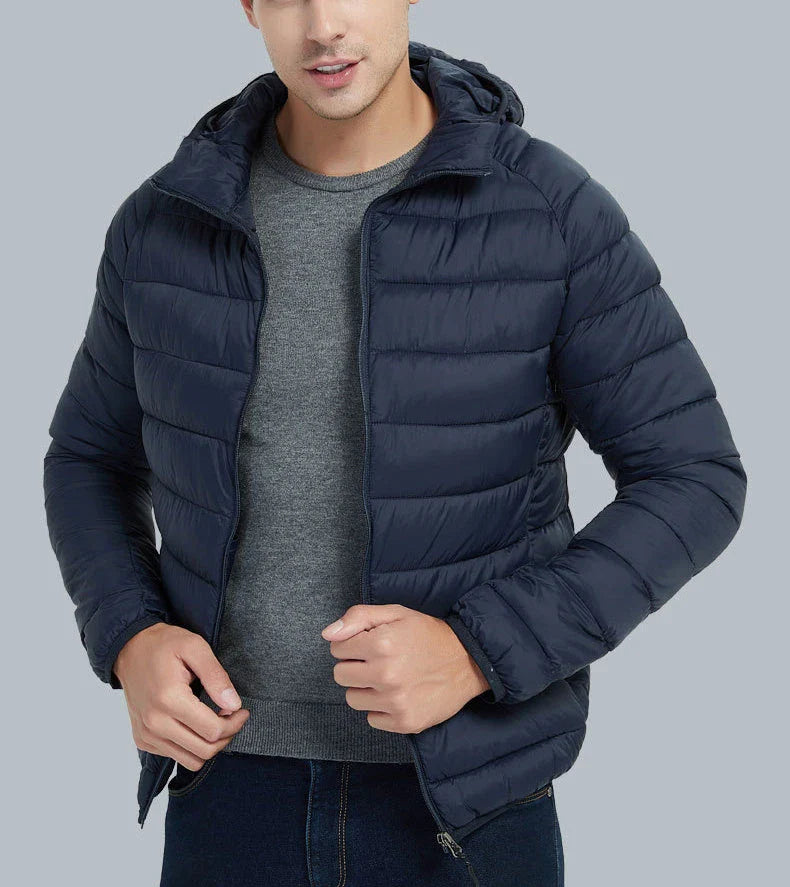 Lightweight, hooded zip-up jacket in navy blue, black, gray, and wine red colors