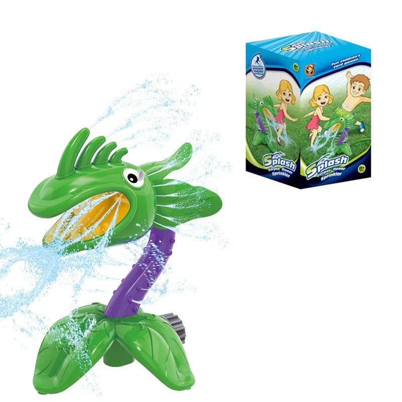 Colorful outdoor sprinkler toy with various water spray designs for backyard summer fun