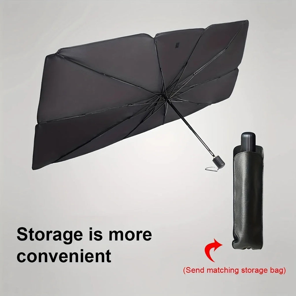 Foldable car windshield sunshade umbrella shown open and folded, with automatic rebound button.