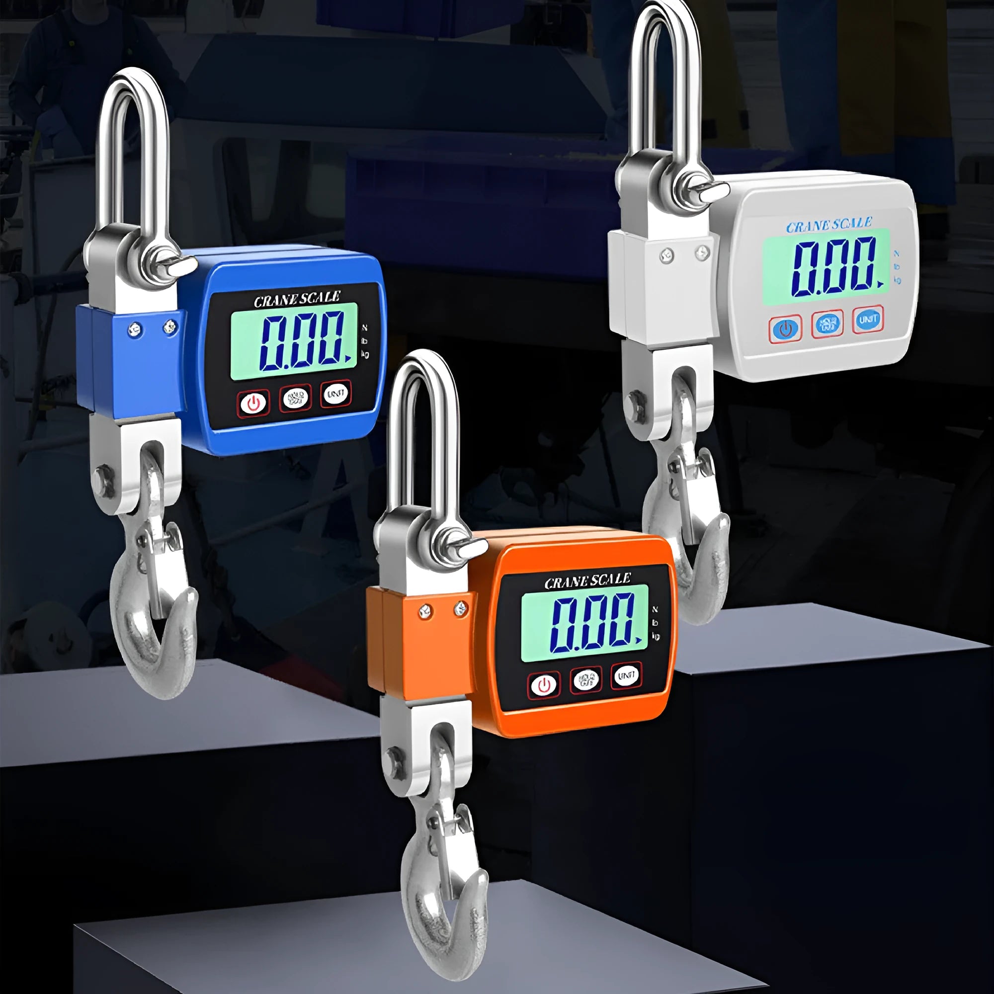 Digital hook scale showing electronic display, measuring 22cm with blue/orange/white colour options