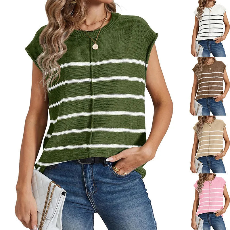 Women's striped sleeveless pullover vest with bone stitching detail in acrylic knit.