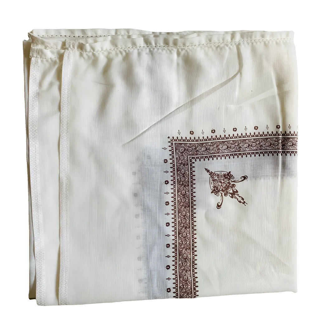 Printed square polyester scarf showing 138x138 cm dimensions with colour options including brown, grey, green, purple, navy blue, and purplish red