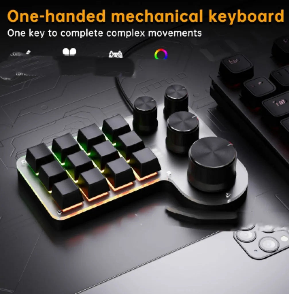 Custom mechanical keypad with 12 keys and 4 knobs, red axis switches, black housing, USB connection