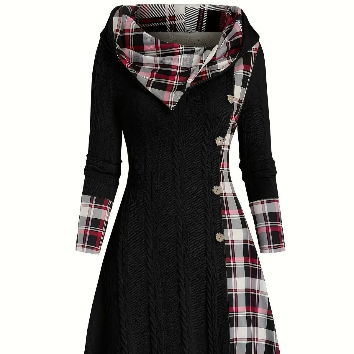 Women's hooded sunken stripe sweater long sleeve pullover dress in solid colour A-line midi street fashion style