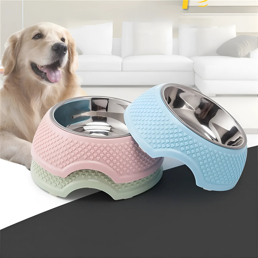 Blue stainless steel pet bowl with non-slip base for cats and dogs.