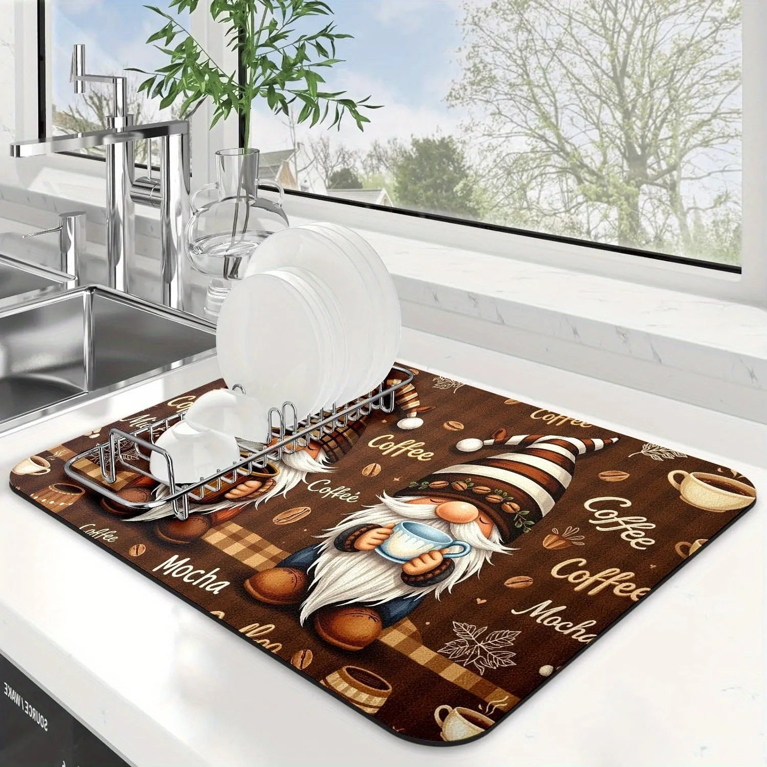 Square PVC draining pad for coffee maker with letter coffee theme print on kitchen countertop
