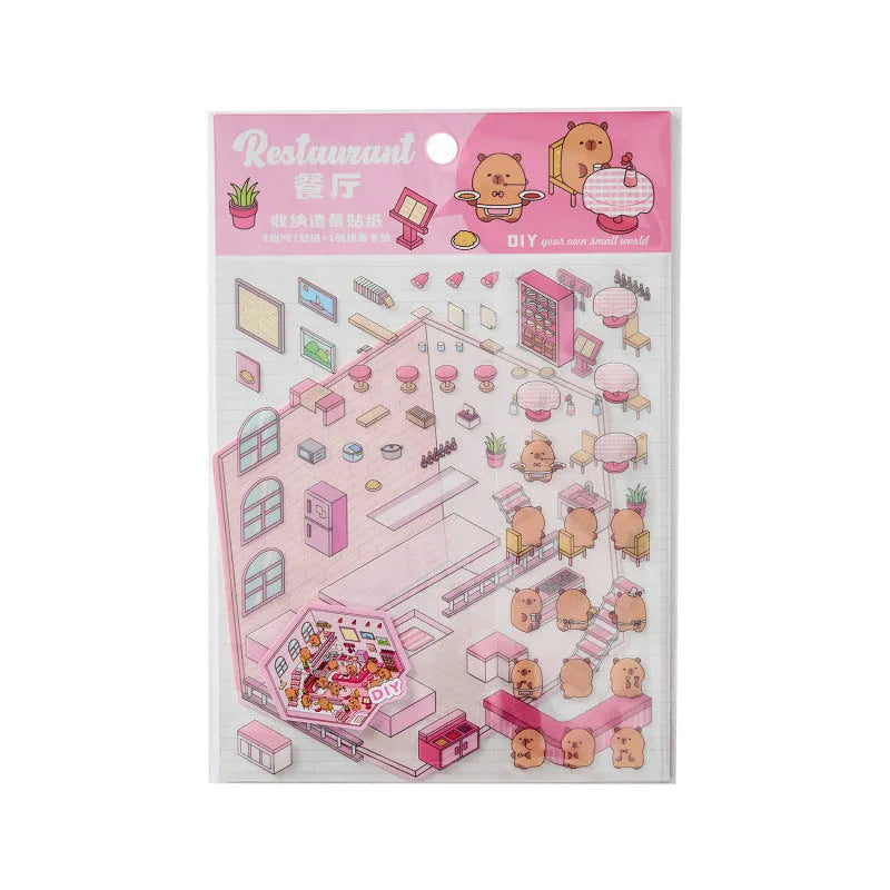 Set of eight Capabala 3D cartoon shop stickers including bakery, flower shop, and bookstore designs.
