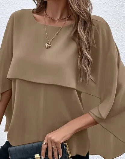 Women's Solid Layered Cloak Sleeve Blouse in Olive Green, Red Orange, and Khaki