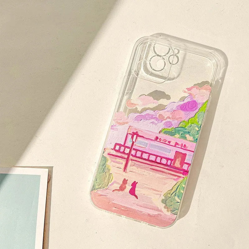Colourful soft silicone iPhone case with a printed cartoon design of two cats.