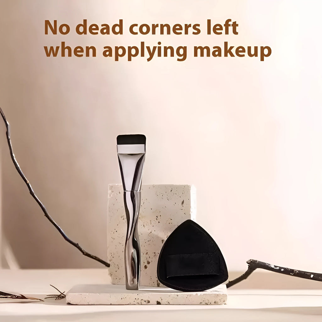Spiral-shaped black powder foundation brush with velvet puff in pineapple-design storage box