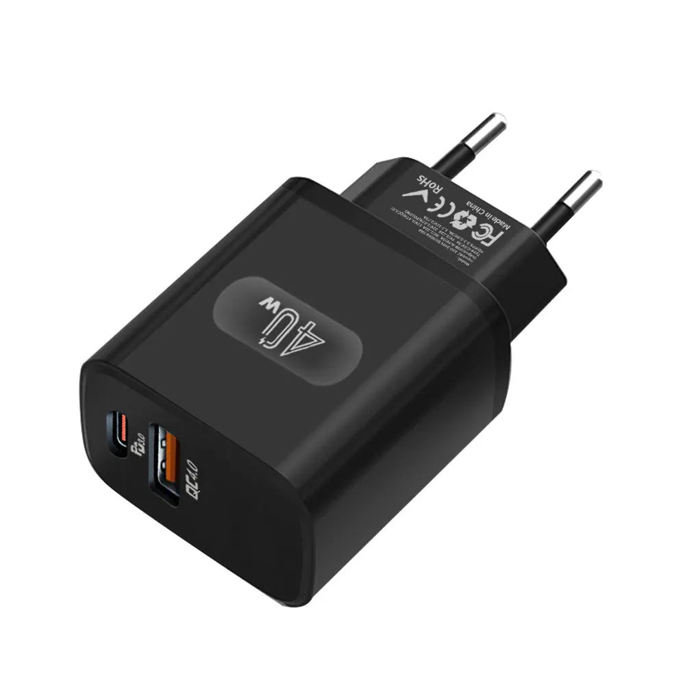 White dual-port USB wall charger with European standard plug and black variant with American plug