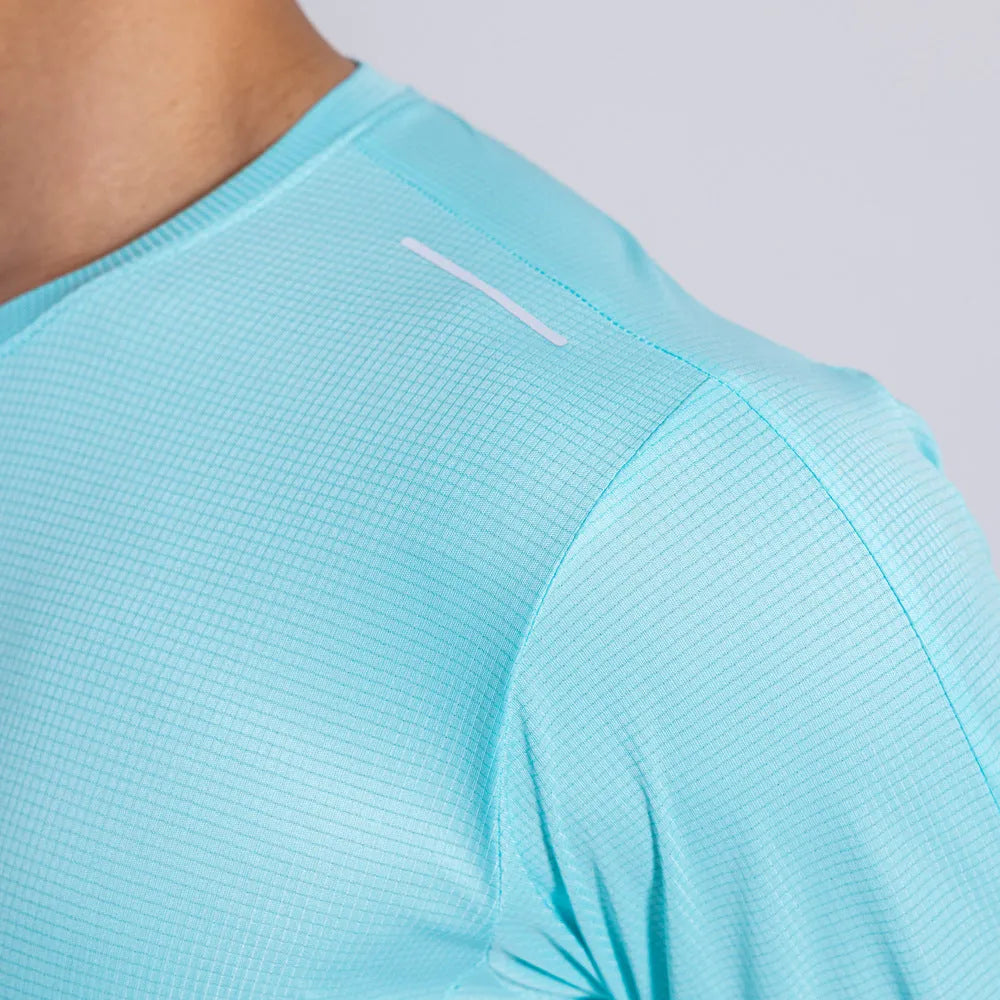 Men's solid colour quick-drying polyester running top in black, white, sky blue, and fluorescent green