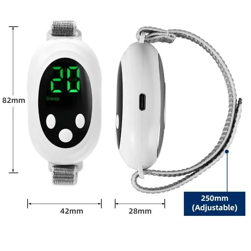 White handheld sleep aid instrument with remote control, sleep bracelet, and USB charging cable on a neutral background.