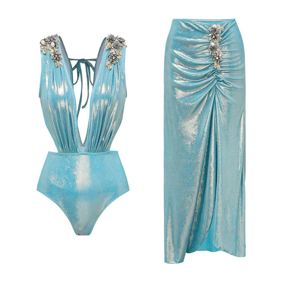 Three-dimensional floral spaghetti strap one-piece swimsuit set for women in pink colour