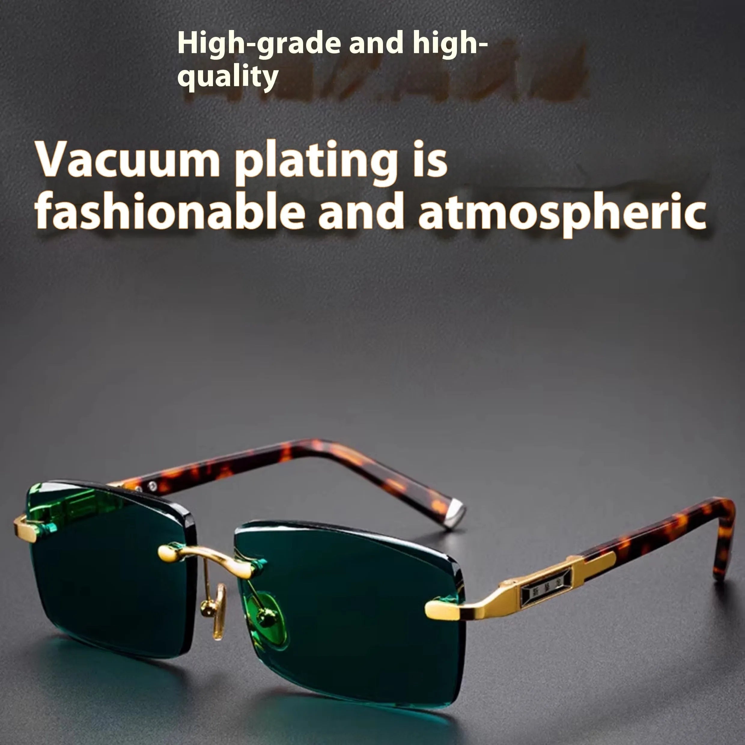 Dark green crystal frameless sunglasses with a case and cleaning cloth on a table.