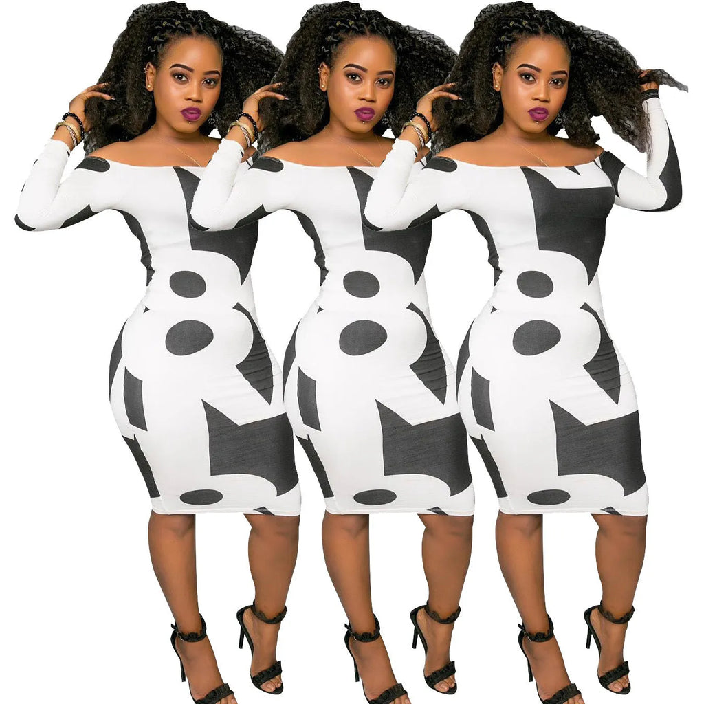 White long sleeve off-shoulder geometric print dress with lantern skirt and mid waist, standing front view