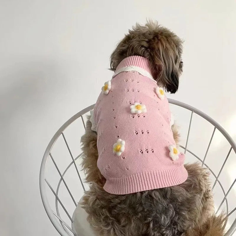 Flower blossom pattern dog and cat sweater for autumn and winter in pink and green colours