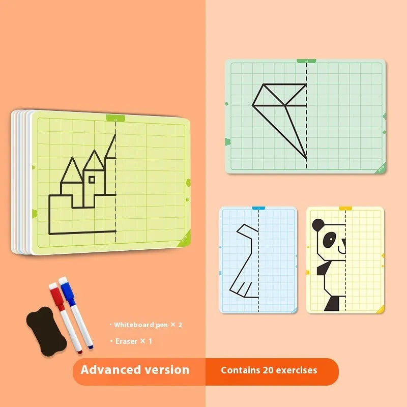 Symmetrical grid drawing toy set with 20 paper cards, pen, and eraser for teenagers