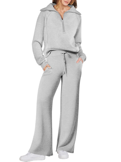 Women's leisure sports suit with long-sleeve zipper sweatshirt and wide leg pants in various colours