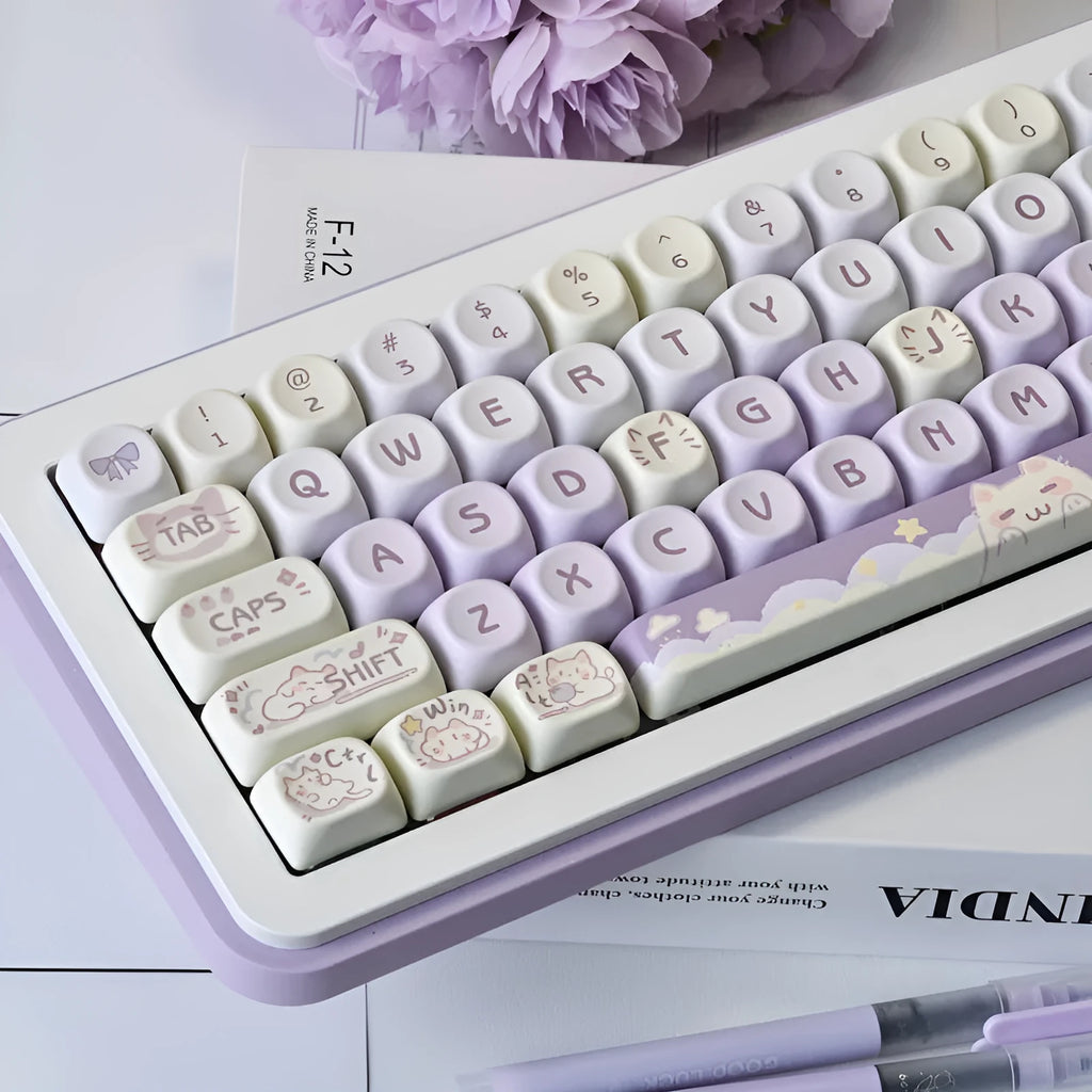 Sublimation PBT key cap set for Wooting keyboards in Taro Kitten Moa colour with matching adapter shaft
