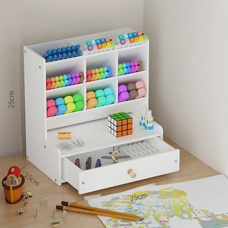 Square white plastic pen holder storage box with 10 individual grid compartments for organisation.
