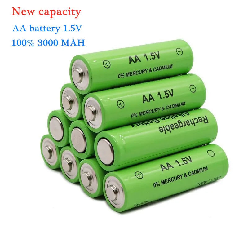 Green alkaline AA rechargeable battery with 3000mAh capacity and 1.5V rating on label.