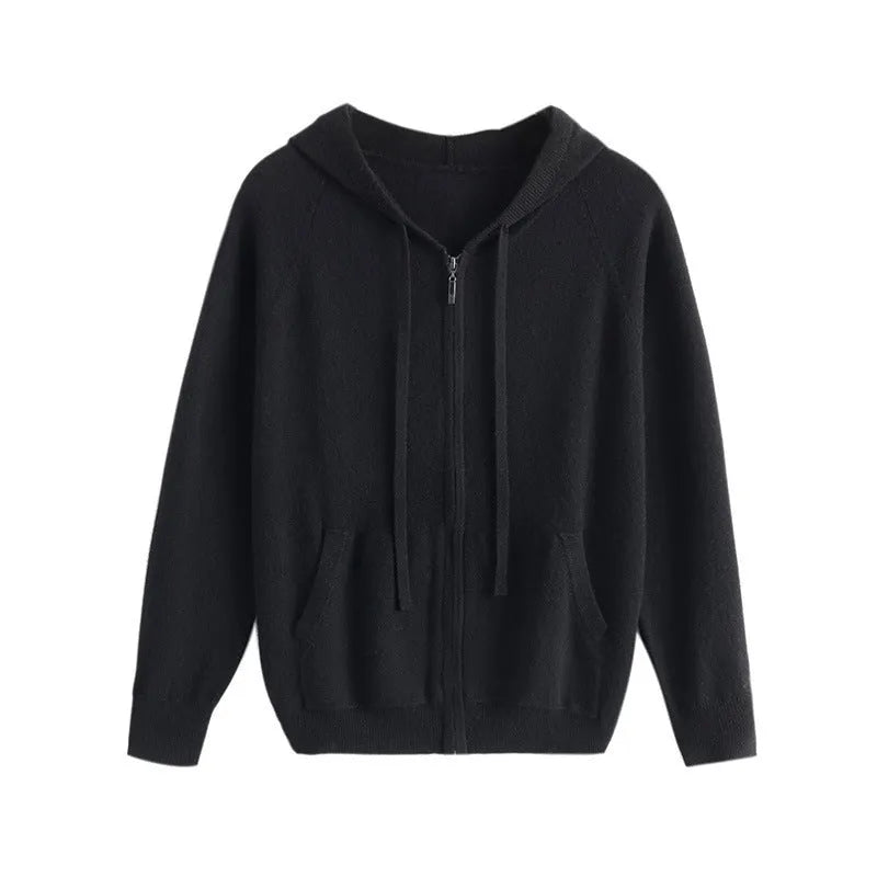 Men's solid colour hooded cashmere cardigan with full-length zip in regular fit