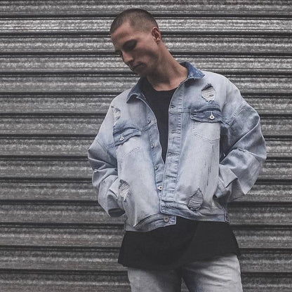 Men's light blue cotton batwing sleeve coat with loose shoulder design