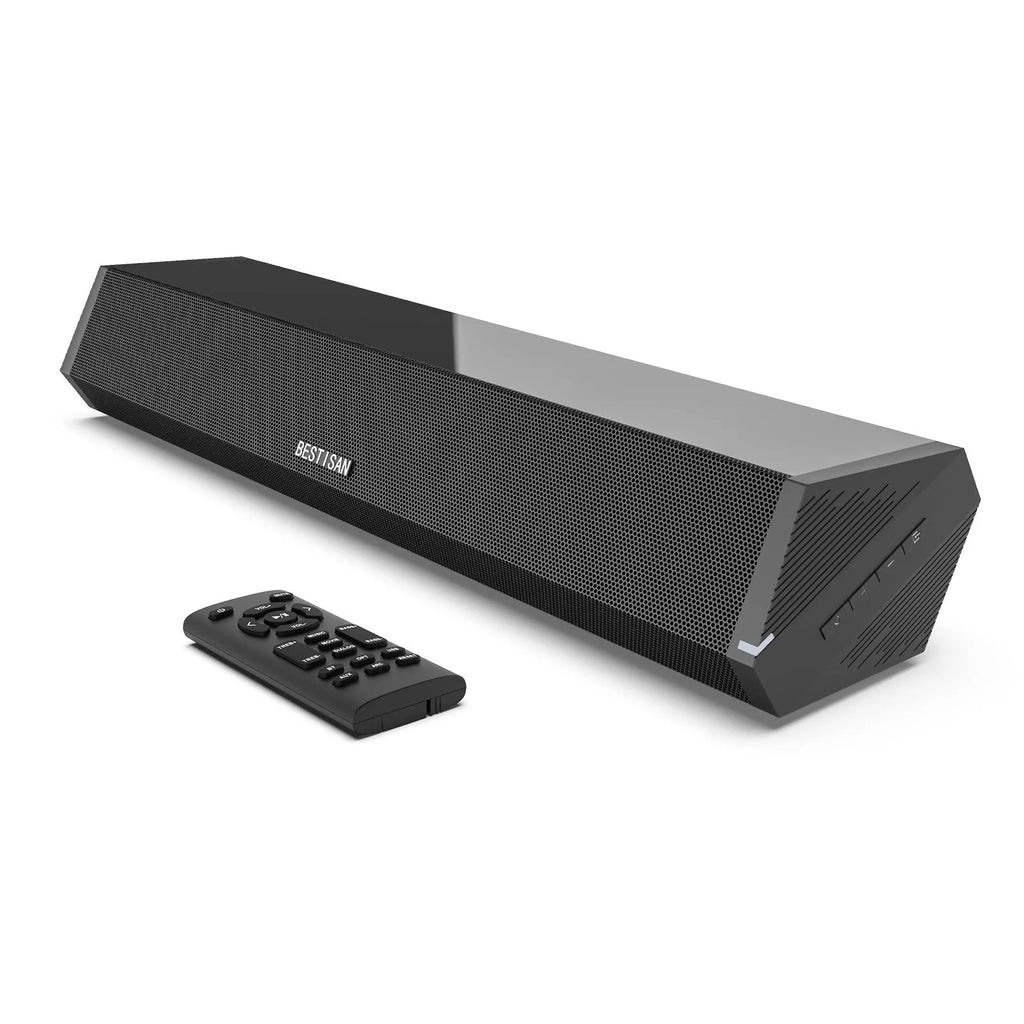 Black 40W wall soundbar with remote control and wall-mounting accessories on a white background