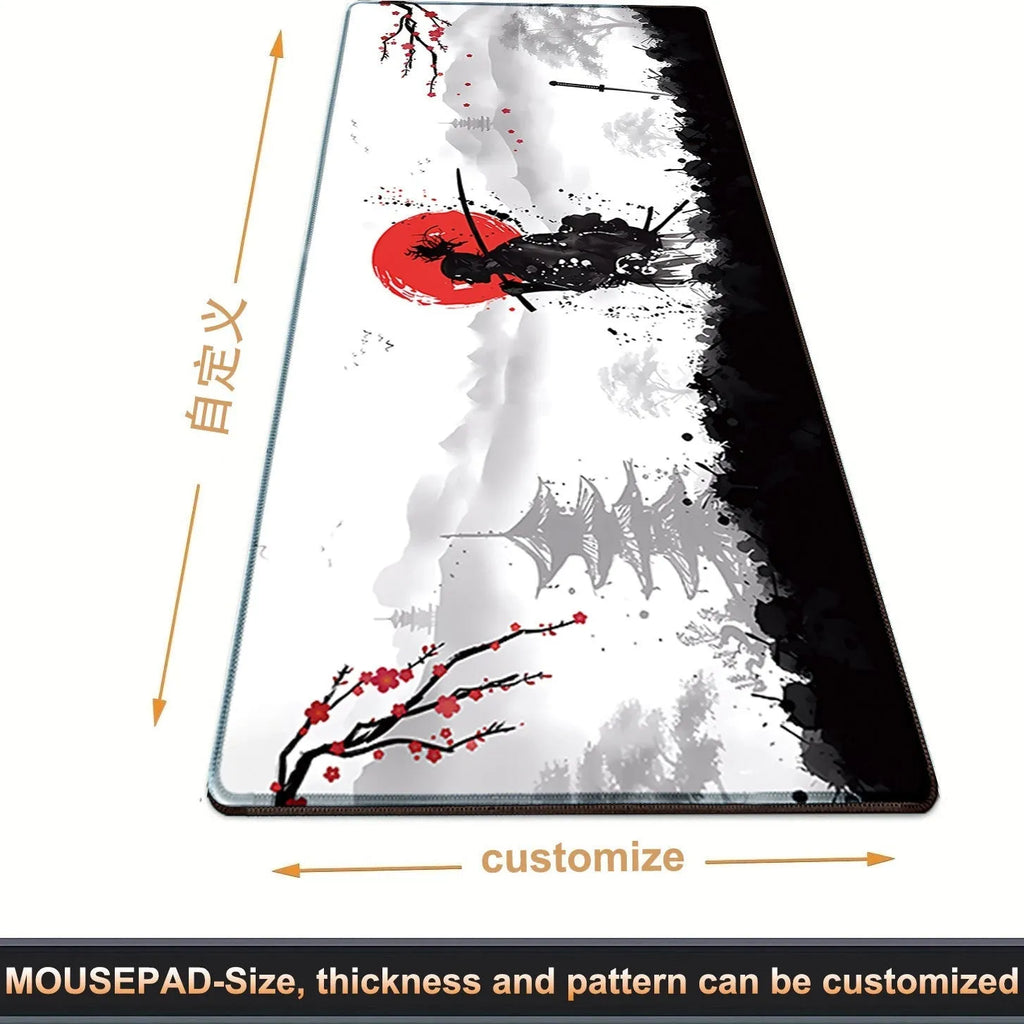 Japanese Samurai design cloth gaming mouse pad on a desk, showing non-slip base and thermal transfer print.