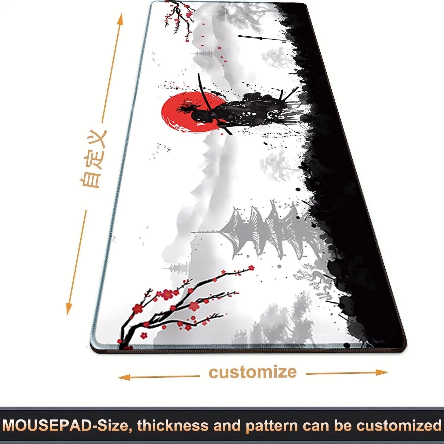 Japanese Samurai design cloth gaming mouse pad on a desk, showing non-slip base and thermal transfer print.