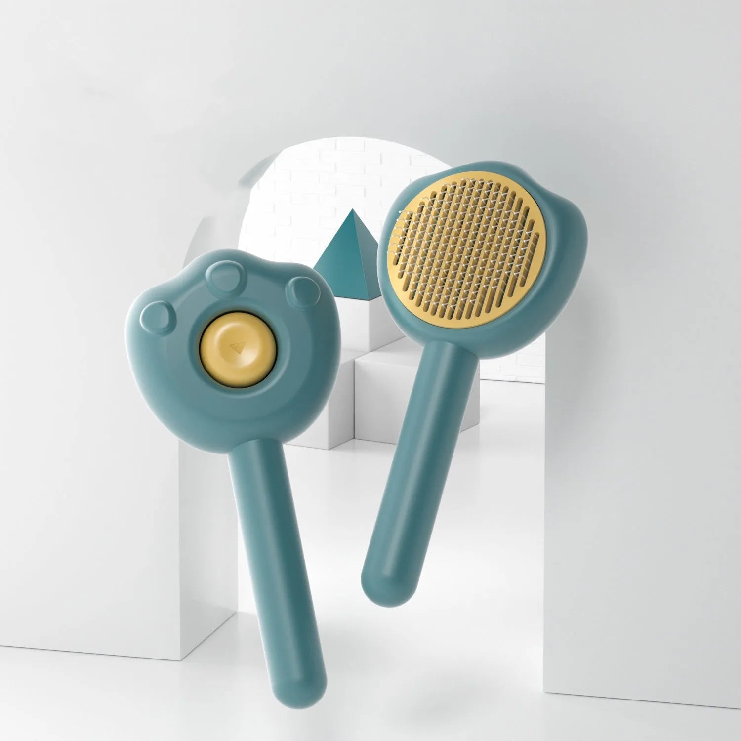 Self-cleaning pet grooming comb with needle brush in blue colour option showing four grooming surfaces
