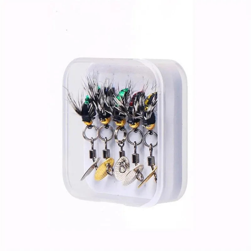 Five bionic poisonous mosquito and fly fishing hooks with multicolour patterns and sequins