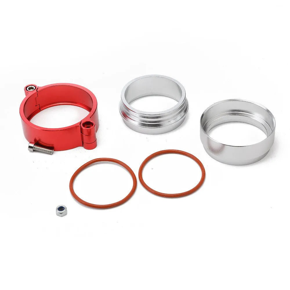 Aluminium fixed movement clamp for car turbo exhaust systems in black, blue, or red.