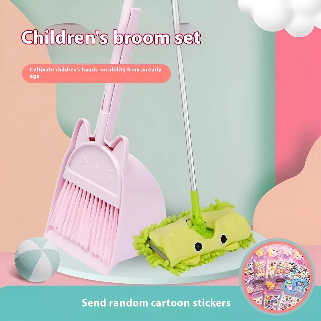 Purple plastic broom and dustpan set with rotating brush holder on a white background