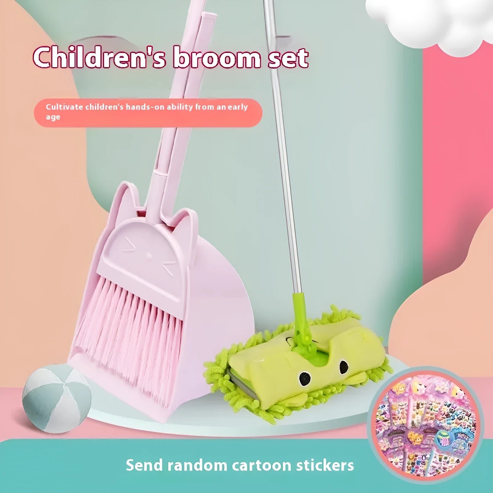 Purple plastic broom and dustpan set with rotating brush holder on a white background