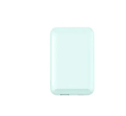 Magnetic wireless power bank in black, blue, green, pink, or white, showing 5000mAh capacity.