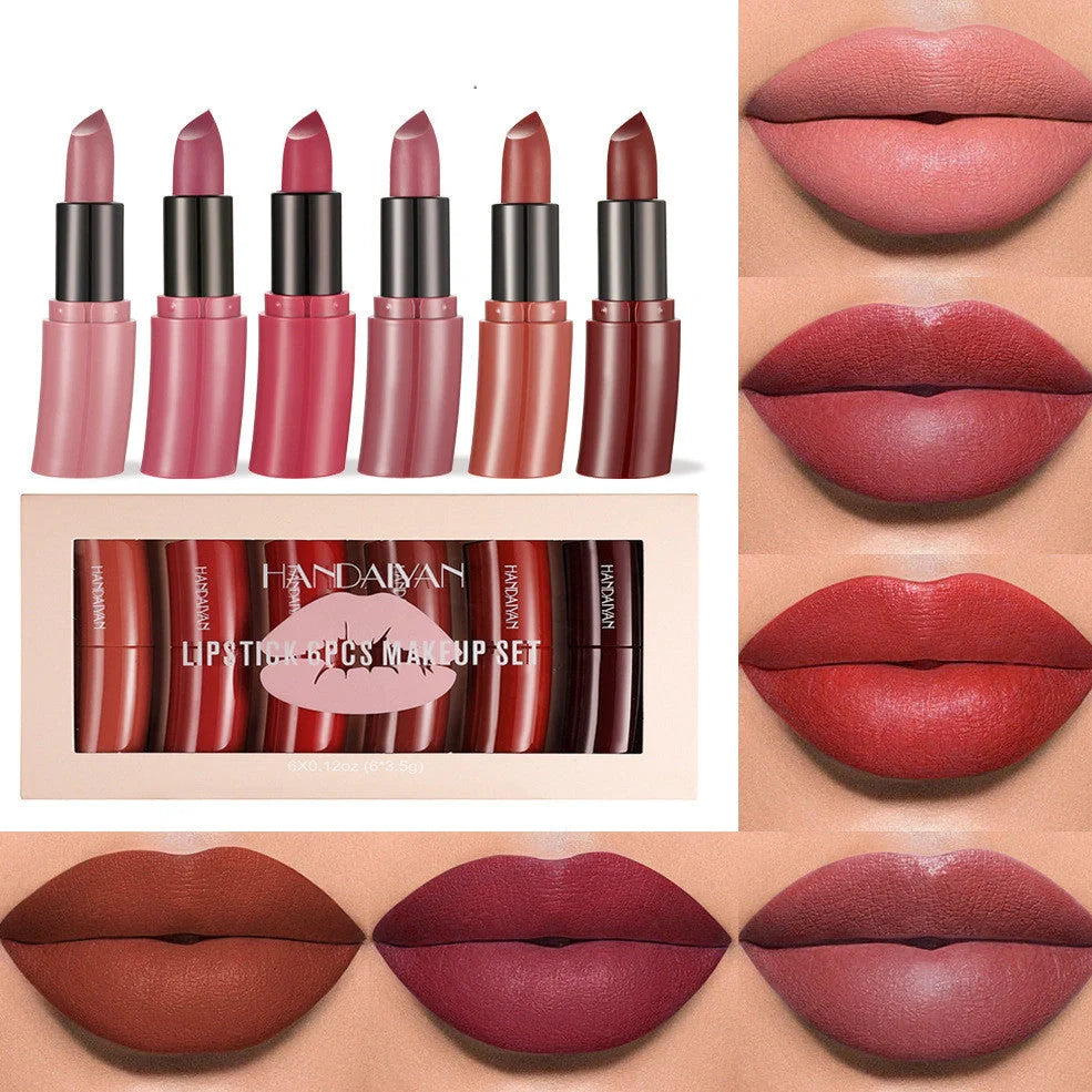 Six curved matte lipsticks in velvet texture with 3.5g content each in compact case