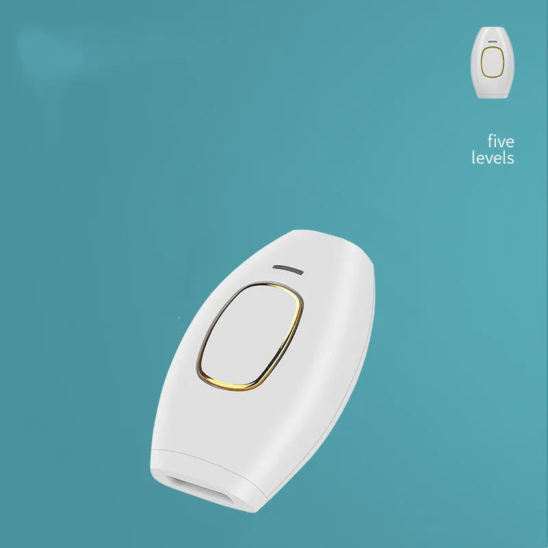 White laser hair removal device with ABS body and pink power button on light background