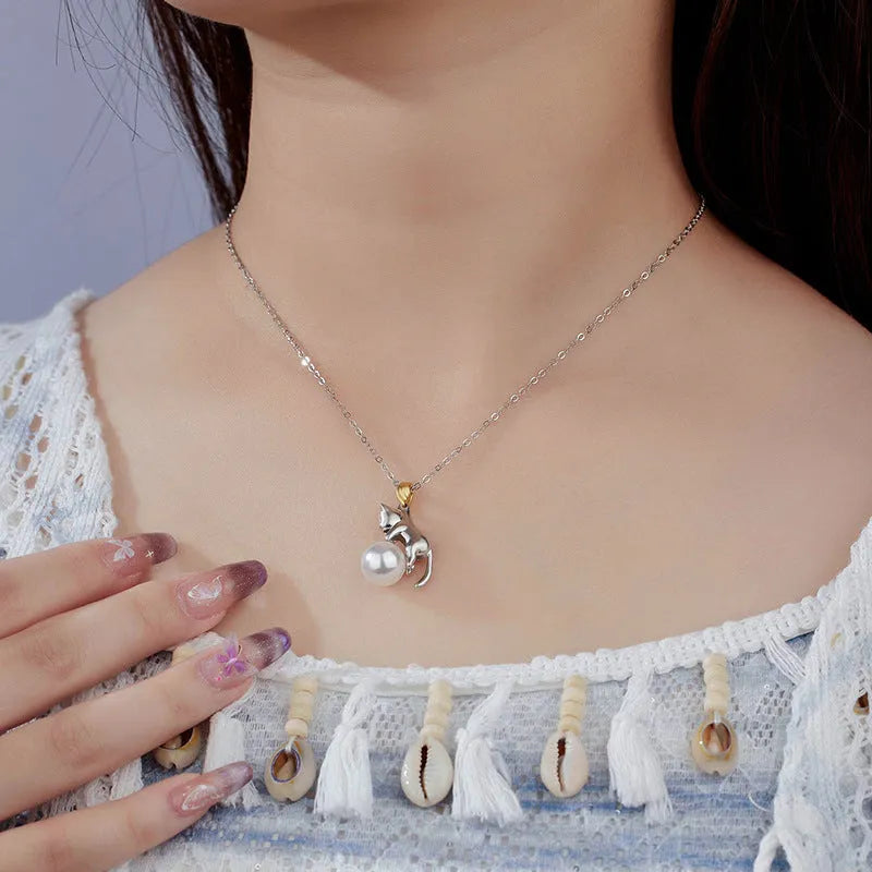 925 sterling silver cat pendant clavicle necklace with chain and pearl bead options