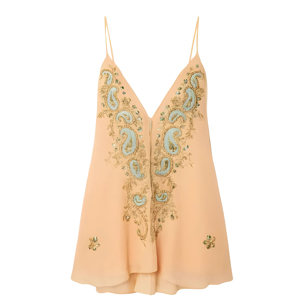 Light yellow women's sleeveless v-neck strap skirt with ethnic print pattern