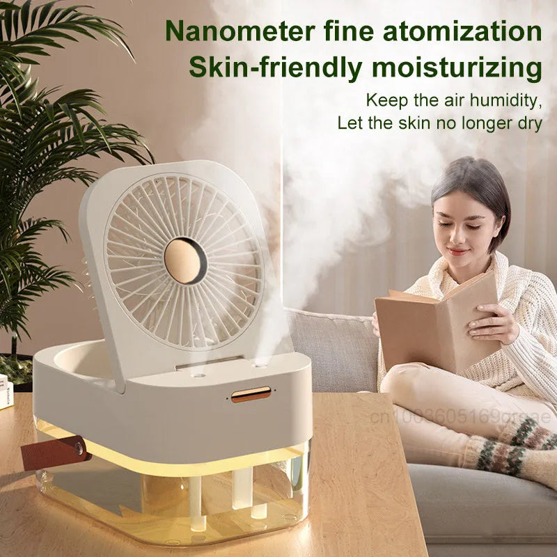 Portable desktop humidifier spray fan with remote control, showing pearl white colour and water tank