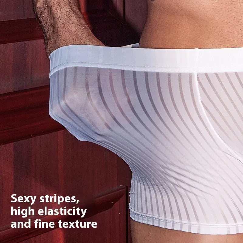 Men's black striped nylon boxer briefs laid flat, showing high elastic waistband and leg bands.