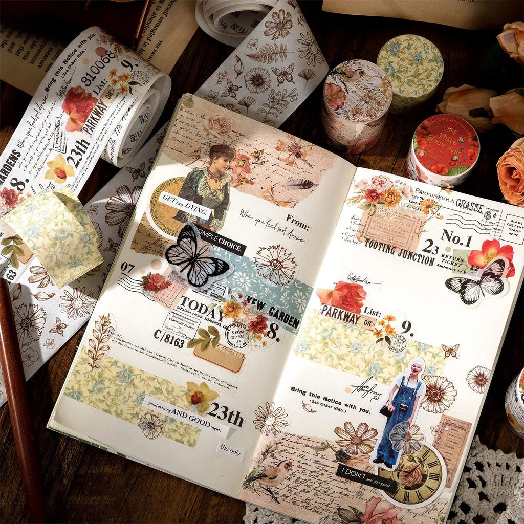 Roll of vintage style floral watercolour paper tape on a Japanese paper base, showing a 2 metre length.