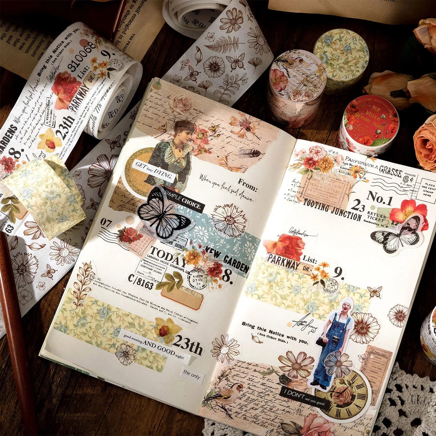 Roll of vintage style floral watercolour paper tape on a Japanese paper base, showing a 2 metre length.