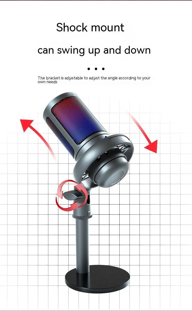 Condenser microphone with RGB lighting in black, white or pink for computer recording and live broadcast