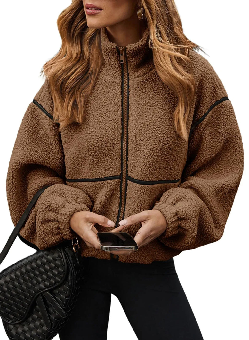 Berber fleece contrast colour stand-up collar women's coat in army green, loose fit, long sleeves, solid colour with splicing detail