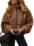 Berber fleece contrast colour stand-up collar women's coat in army green, loose fit, long sleeves, solid colour with splicing detail